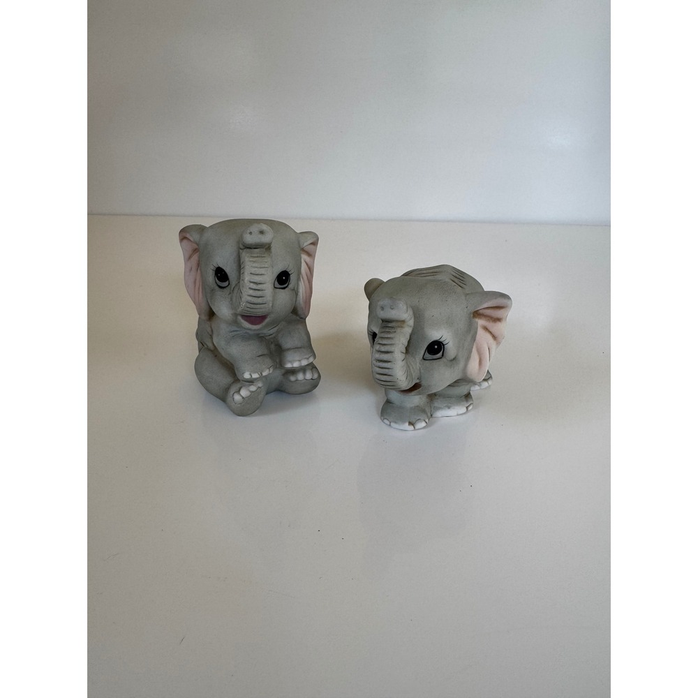 Vintage Homco Elephant Figurines Set of 2 Gray Pink Ceramic Nursery Decor 1400